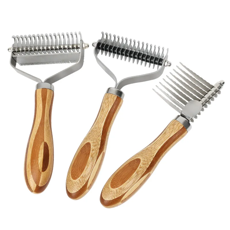 Peine para perros, cuchillo, cepillo para perros, peine de bambú de doble cara para gatos, utensilio para eliminar el pelo de mascotas de acero inoxidable, cepillo para limpiar nudos de pelo de madera maciza para perros
