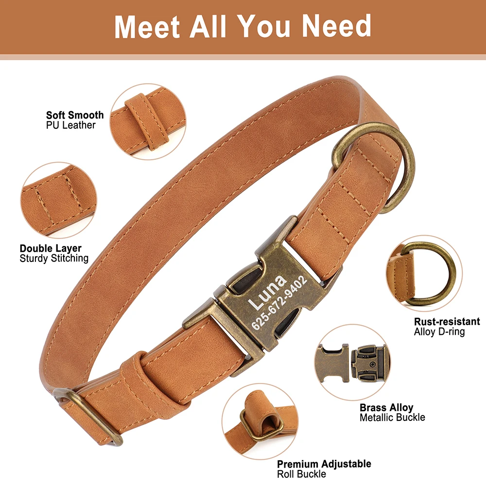 Collar de perro personalizado, collares de cuero PU para perro, collar con nombre de identificación de mascota personalizado gratis, ajustable para perros pequeños, medianos y grandes, Bulldog - imagen 4