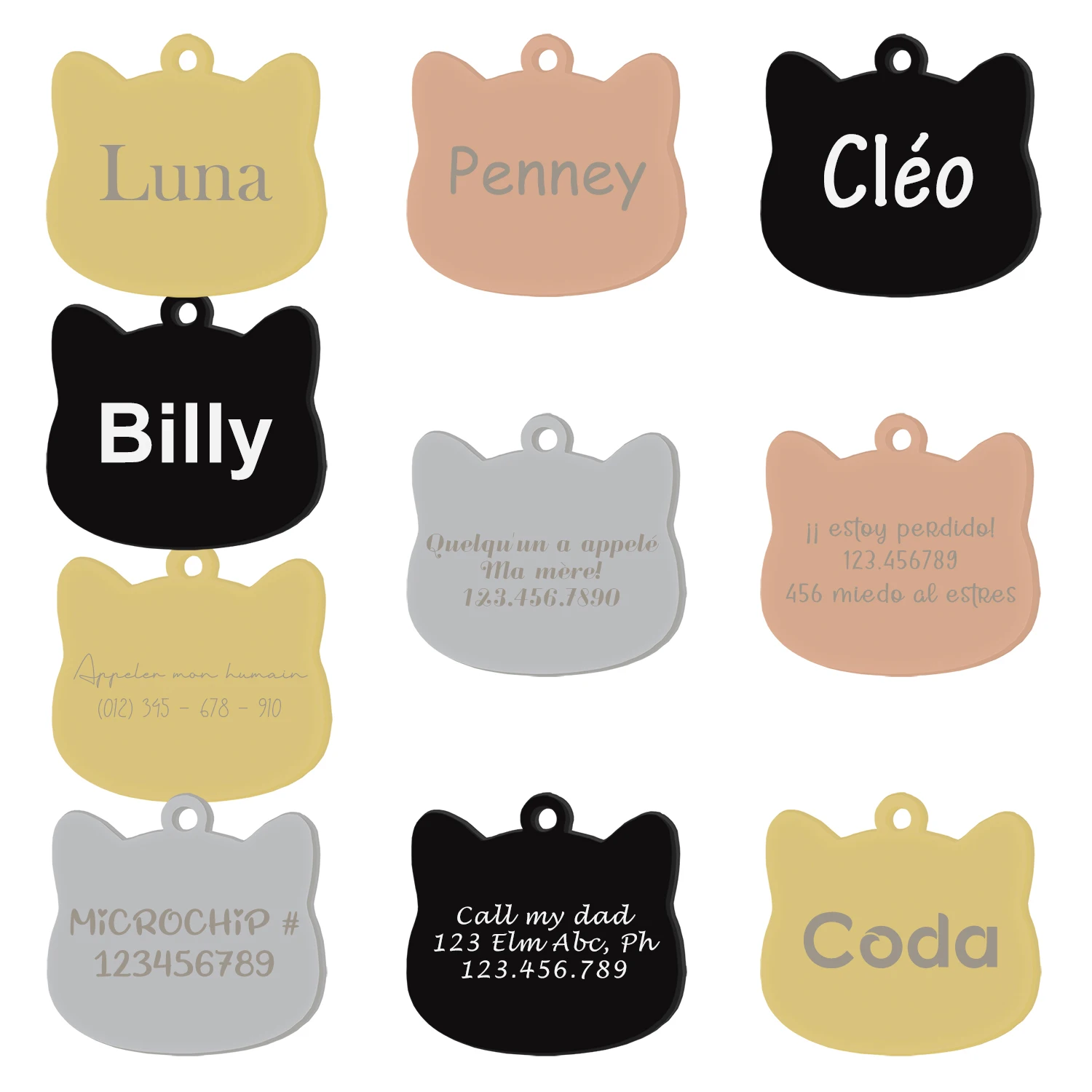Etiqueta personalizada para mascotas con forma de gato, múltiples opciones de fuentes, colgante de Collar, suministros de Collar personalizados para mascotas, accesorios antipérdida - imagen 5