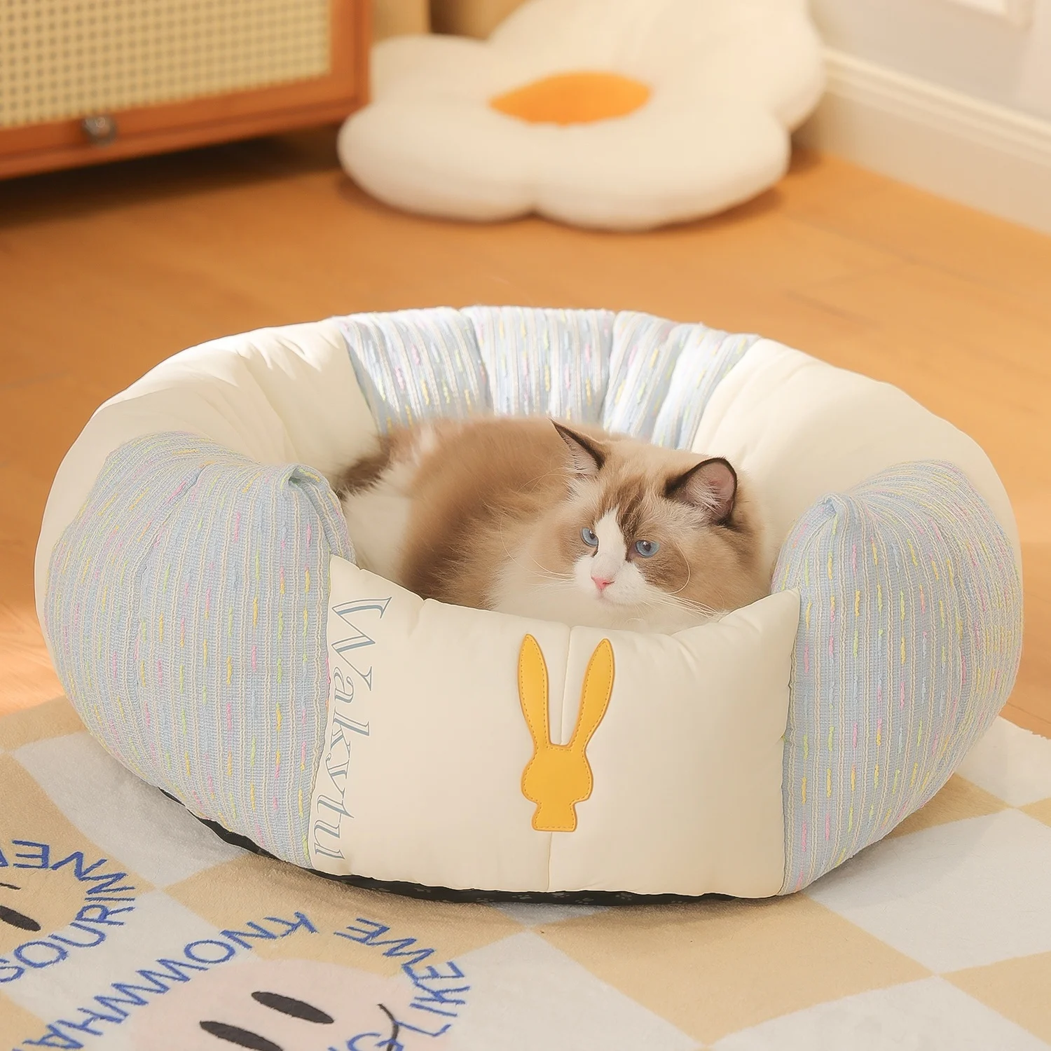 Cama para gatos en forma de donut de alta gama, fondo antideslizante, cama redonda con cojín para gatos y perros, camas para mascotas de lujo de tela súper suave y duradera - imagen 5