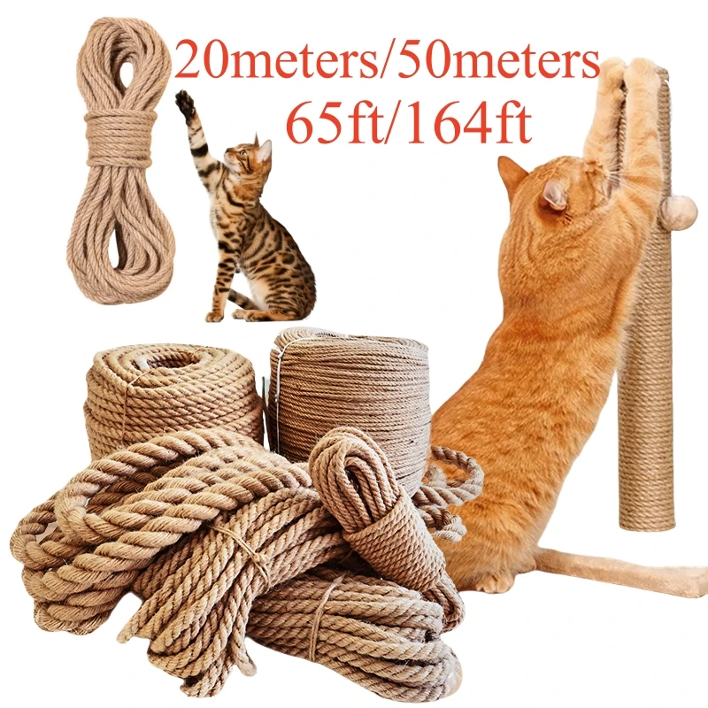 Cuerda de Sisal Natural de 65 pies/164 pies, protectores contra arañazos para gatos, cuerda para rascar árboles, juguete DIY, garra para pata, Protector de muebles, poste para rascar