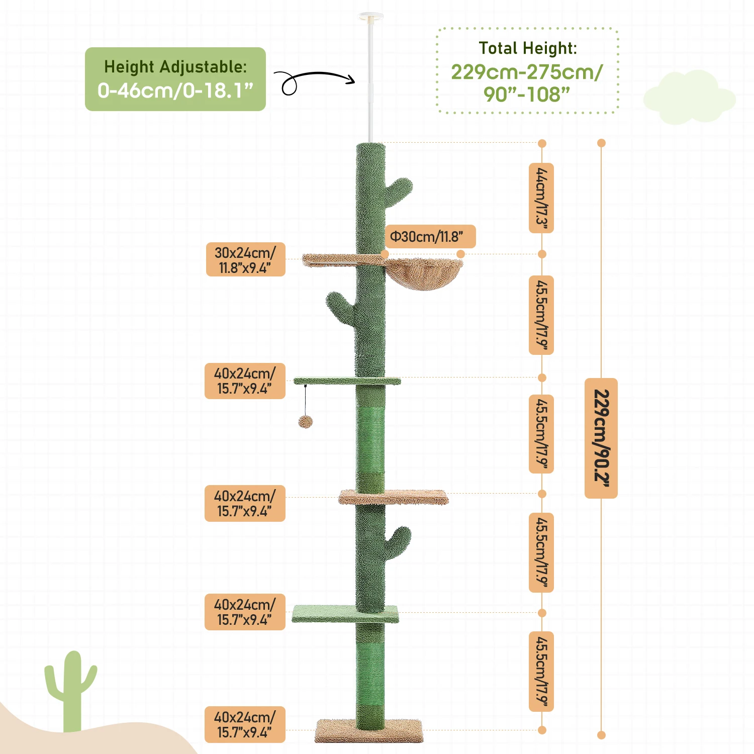 Árbol para gatos de 5 niveles, torre para gatos de piso a techo, árbol trepador alto de Cactus con poste rascador, hamaca, bola colgante para gatos de interior - imagen 5
