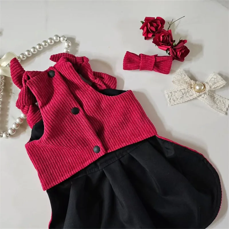 Lindo cachorro lazo rojo vestido con nudo para mascota conjunto invierno ropa cálida para perros mascota vestido de princesa de Navidad Teddy falda de Color sólido enviar Clip - imagen 3