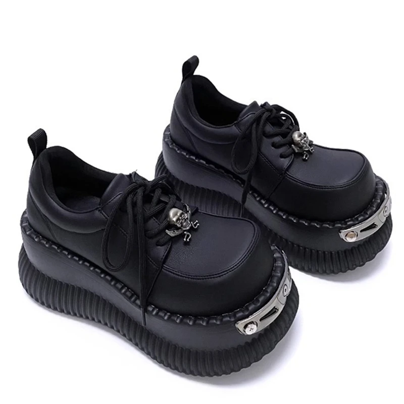 Decoración de Metal, punta redonda, plataforma inferior gruesa, tacones gruesos, zapatos de tacón para mujer con cordones, moda Ins negra Y2K Punk Street, zapatos de mujer - imagen 3