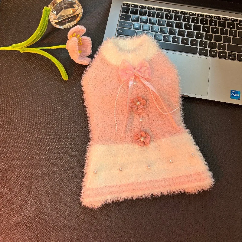 Vestido cálido de peluche para perros con falda de perlas y flores con lazo, chaleco suéter estilo Yorkshire de peluche lindo para perros pequeños y gatos |   Ropa para cachorros