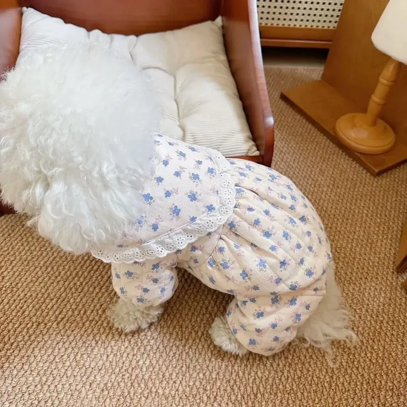 Mono Floral de invierno para mascotas, pantalones de cuatro patas para cachorros, bonitos pantalones de calabaza, traje cálido de oso de peluche para perros con ropa Floral para cachorros - imagen 3