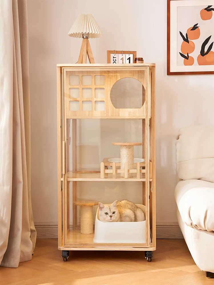Villa panorámica de madera maciza para gatos, jaula para gatos, gabinete de lujo, habitación de vidrio para mascotas, hogar, no ocupa - imagen 4