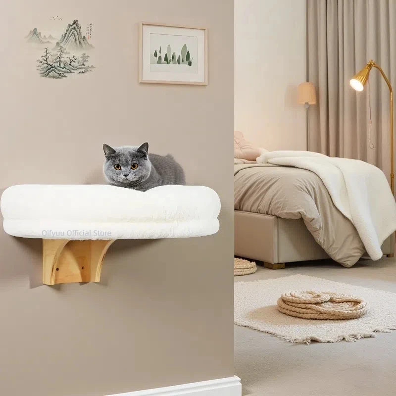 Cama para mascotas pequeña, muebles para gatos, alféizar de ventana de madera montado en la pared para gatos, percha para gatos con soportes, hecha de madera dura de calidad - imagen 2