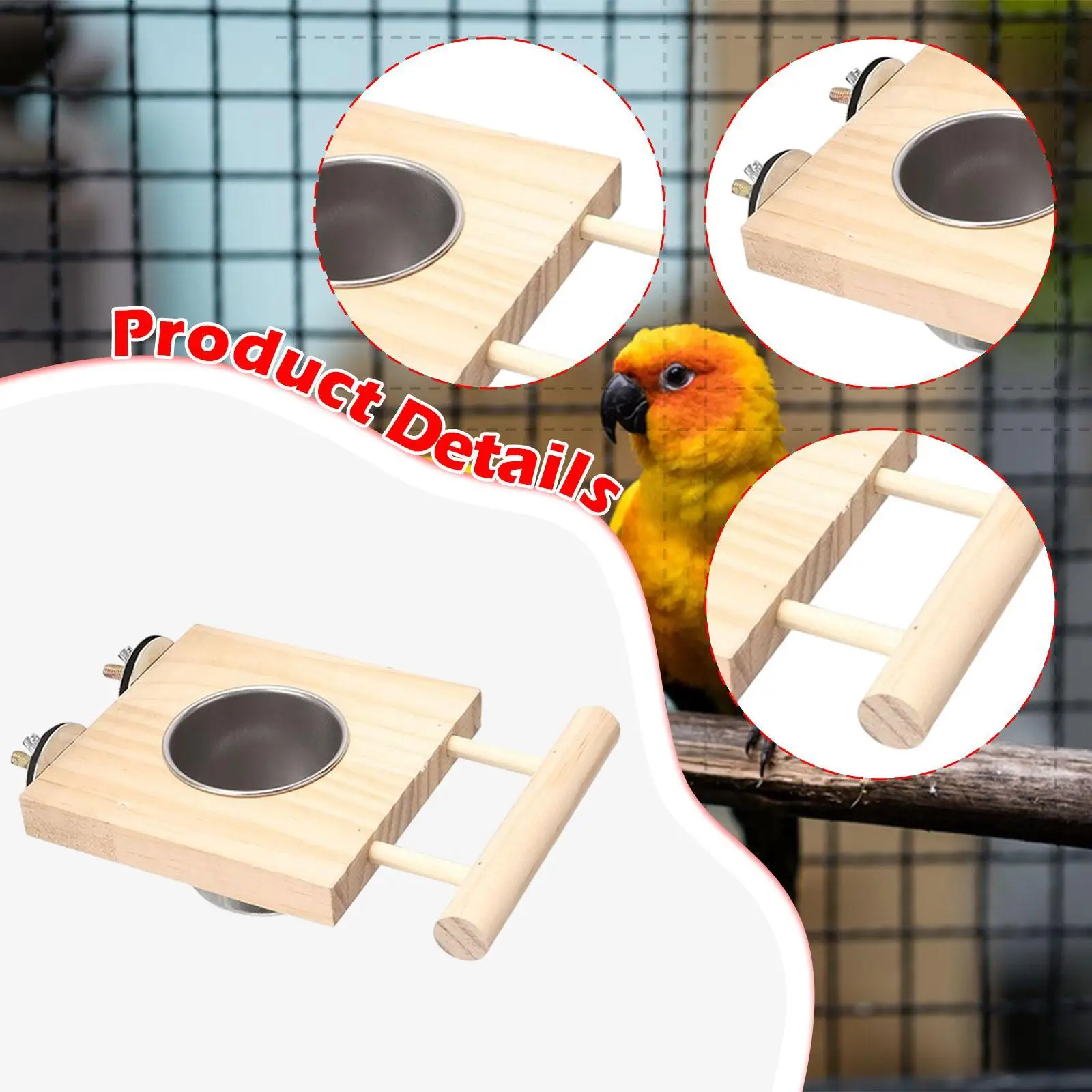 Bird Feeding Dish Cup Perch Stand Toy Wood Feed and Watering Supplies Feeding Cup Bowl for Cockatiel Parakeet Chinchilla