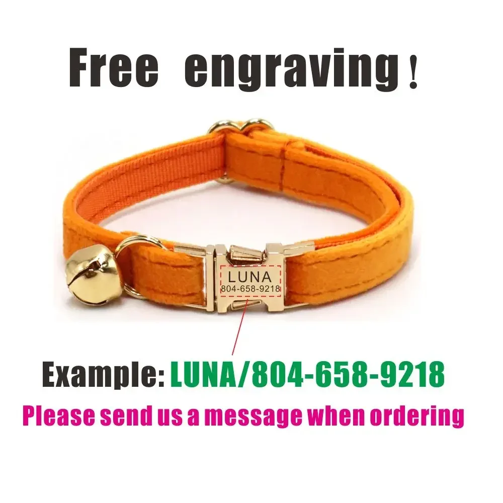 Collar de gato personalizado, contactos de nombre de identificación personalizados, hebilla de metal, collares de gato de terciopelo naranja ajustables con campana - imagen 4