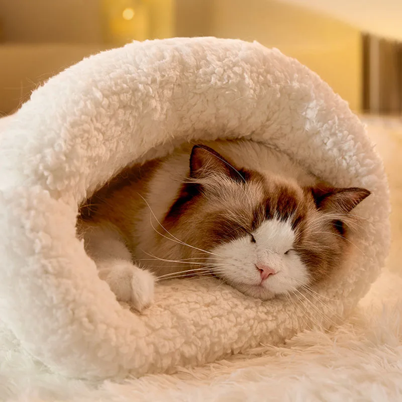 Saco de dormir nido para gatos de invierno, Agujero de taladro, totalmente envuelto, seguridad cálida, nido para gatitos medio cerrado, saco de dormir para mascotas, casa de cama para perros - imagen 3