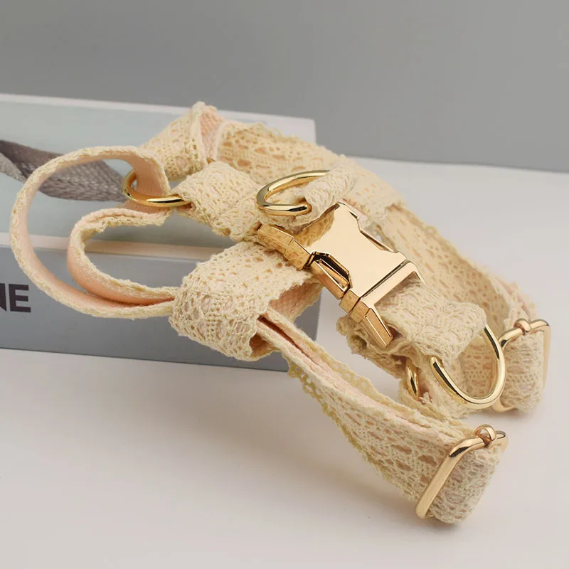 Correas de encaje Beige personalizadas para perros pequeños, medianos y grandes, arnés de encaje con logotipo grabado gratis para identificación de cachorros - imagen 4