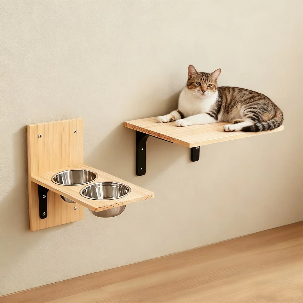Estación de alimentación para gatos montada en la pared con cuencos dobles de acero inoxidable, percha para gatos, comedero para gatos y plataforma de escalada, muebles de interior para gatos - imagen 3