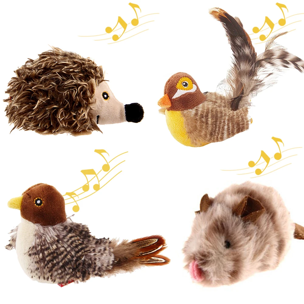 Juguete de pájaro con sonido GiGwi, pájaro marrón, erizo, ratón, juguetes de plumas para gatos, juguetes interactivos de plumas para gatos con sonidos