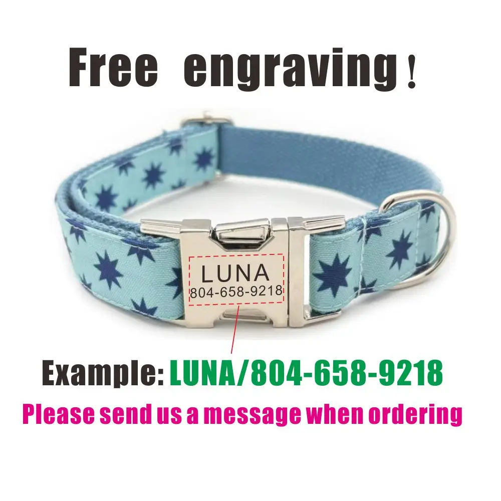 Collar de perro personalizado con grabado gratuito, correa para mascotas a juego, hebilla de Metal de contactos personalizados, Collar para mascotas con estrellas azul claro - imagen 4