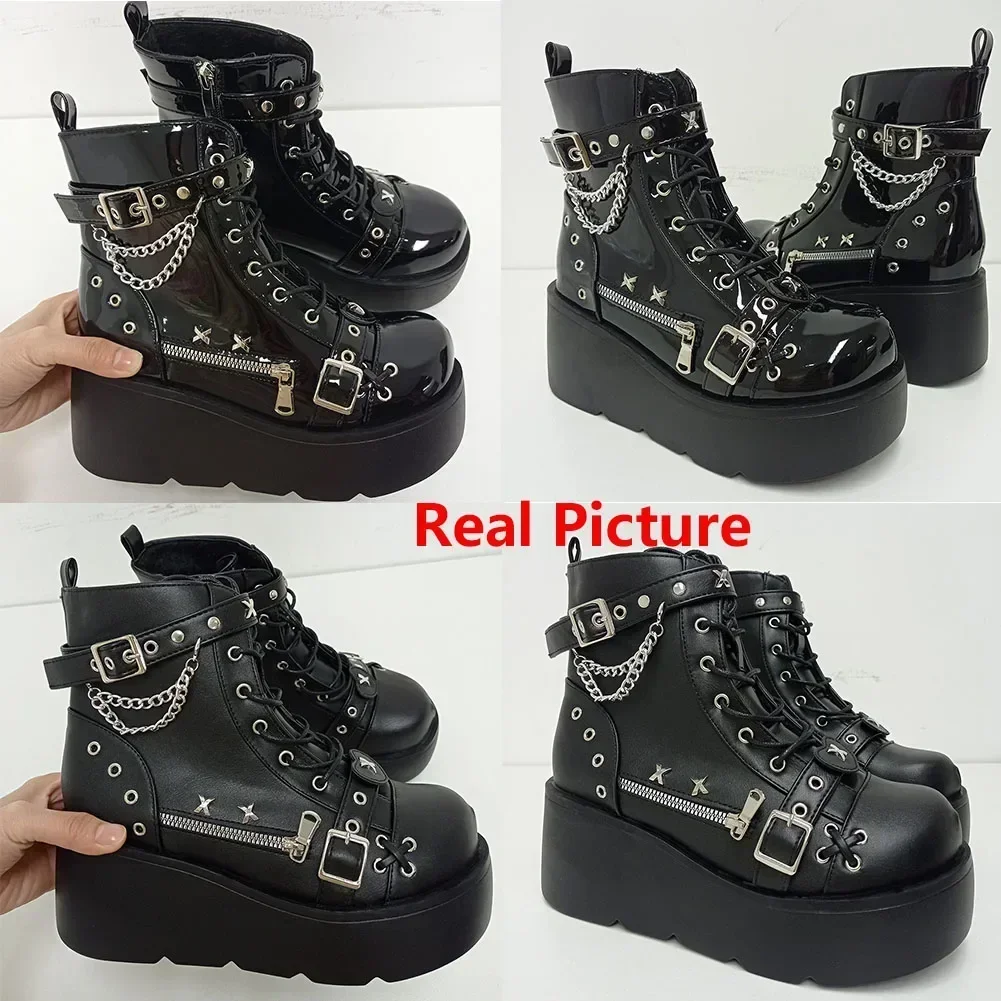 Nuevo estilo gótico plataforma vampiro Cosplay mujeres botas a media pantorrilla 2024 cuñas de invierno cómodas botas de motocicleta zapatos - imagen 3