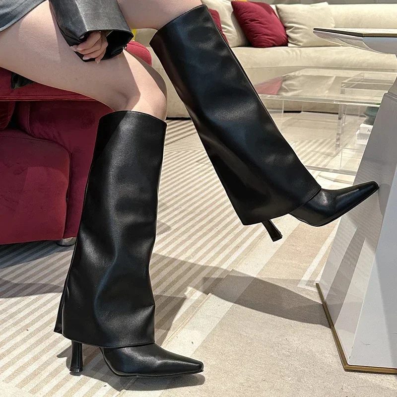 Botas de tacón alto hasta la rodilla para mujer, zapatos de tacón alto sin cordones, modernos, estilo occidental, otoño y primavera, novedad de 2024 - imagen 2