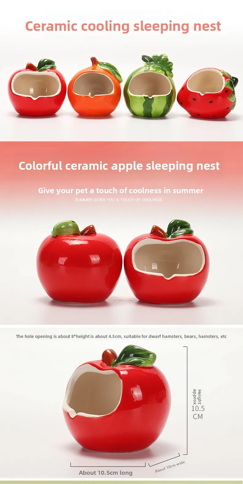 Cama de cerámica para hámster con forma de fruta vista frontal