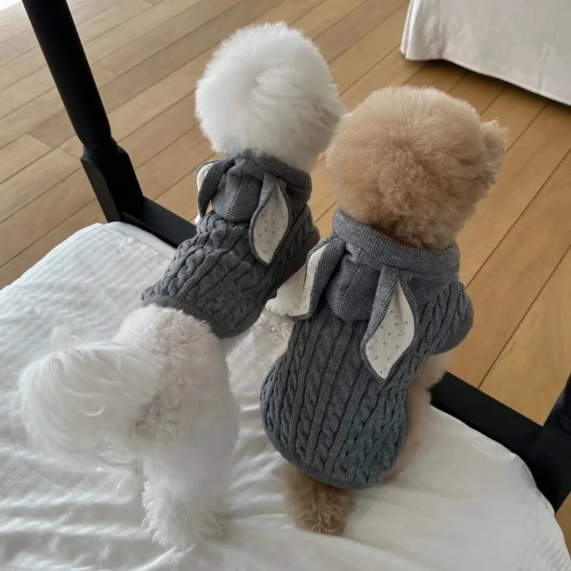 Suéter para perro, abrigo con capucha tejido con Orejas de conejo para mascotas, ropa cálida para mascotas, capa, chal, peluche para gato pequeño y mediano, invierno grueso - imagen 4