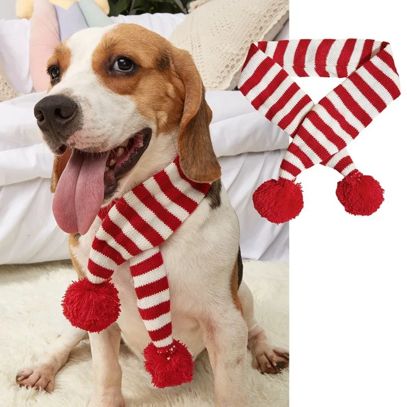 Bufanda de punto de Navidad para perros, Bola de Pelo a rayas, bufanda para mascotas, pañuelo para gatos, suministros de Navidad para mascotas, accesorios para perros - imagen 2
