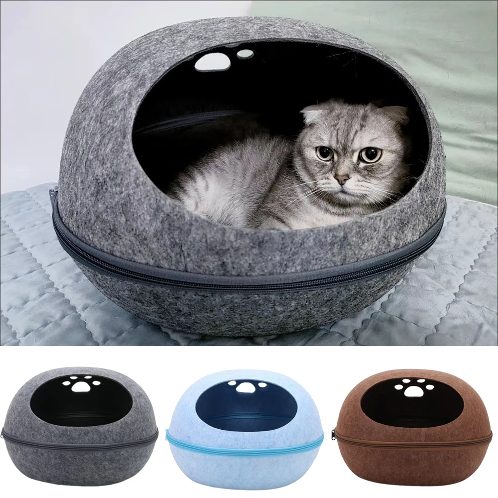 Cama casita ovalada de fieltro para gatos, desmontable y transpirable - imagen 4