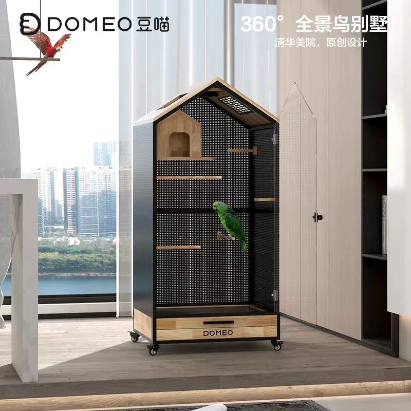 Jaula panorámica para loros y Villa pequeña para mascotas, madera maciza de lujo, casa ecológica para pájaros, casa Totoro