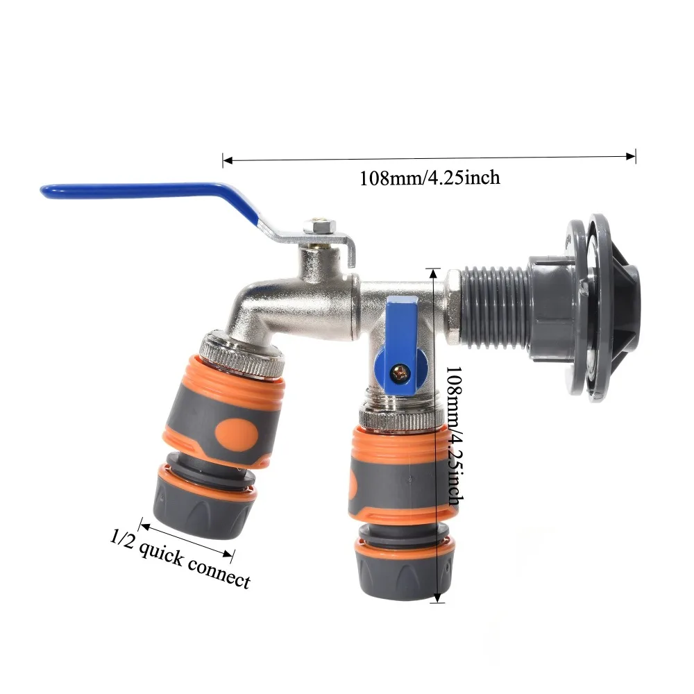 Conector de tanque IBC a grifo de Metal de doble salida de rosca de 1/2 pulgadas con adaptador de manguera rápida para riego de jardín de barril de lluvia