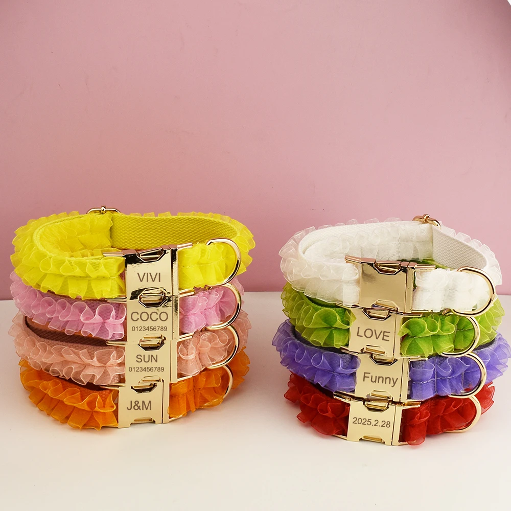 Collar y correa para perro de diseño de encaje grabado personalizado de lujo, conjunto con placa de identificación PetHarness personalizada, accesorio de boda para perros