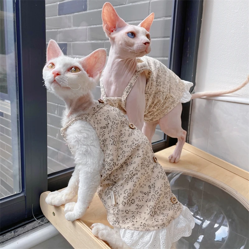 Sphynx Cat Clothes Vestido floral de encaje de algodón para gatitos Chaleco dulce de primavera para mujer Camiseta de cárdigan vintage de gato para Devon Rex