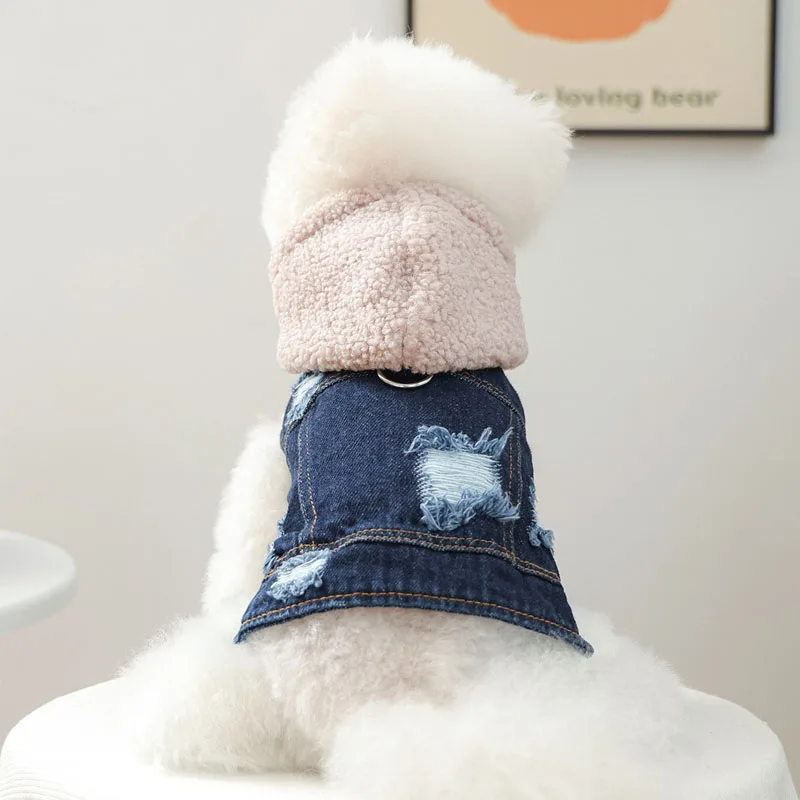 Chaqueta vaquera azul para primavera y otoño, sombrero de lana, disfraz, pantalones vaqueros sin mangas, ropa para perros pequeños, York, perro salchicha, ropa para mascotas, traje de abrigo - imagen 3