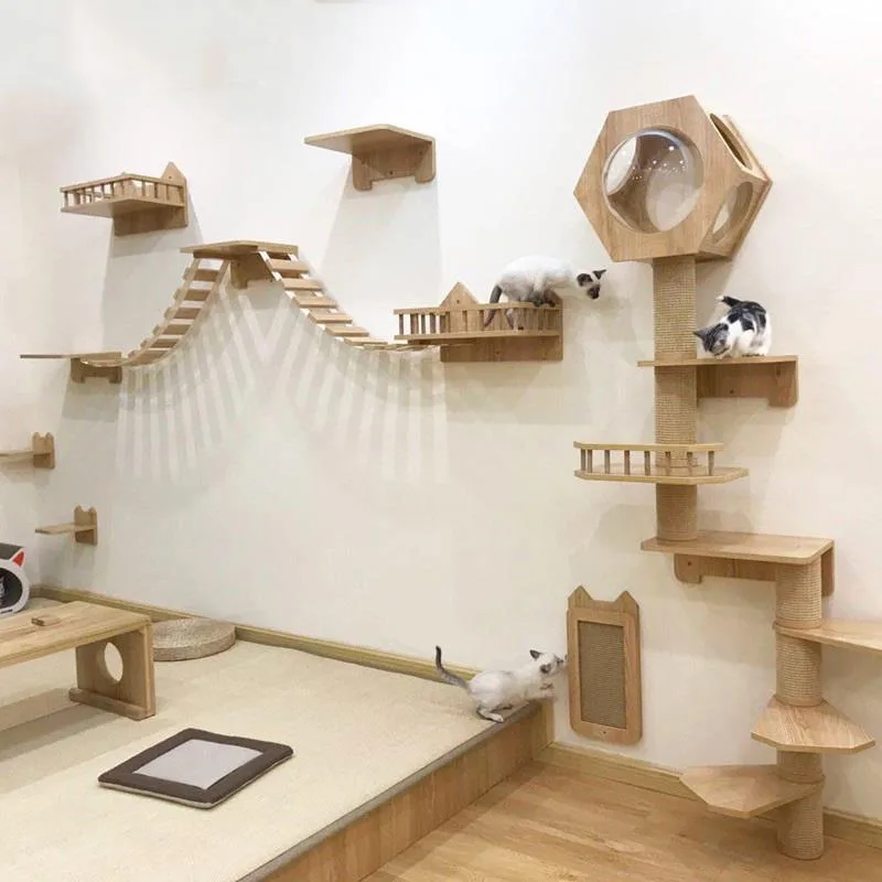 Estantes de escalada montados en la pared, hamaca de madera con escalera y puente para gatos, percha para gatos, patio de juegos interior para mascotas - imagen 3