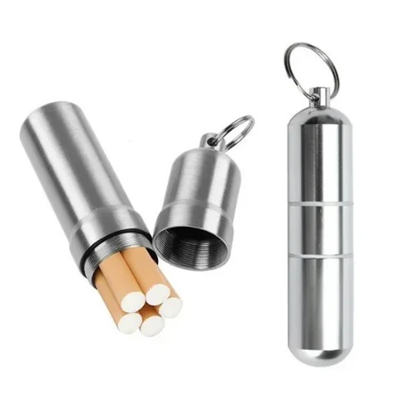 Estuche para cigarrillos a prueba de agua, caja para cigarrillos de aleación de aluminio plateada, soporte para cápsulas y palillos de dientes con llavero, regalo para hombre