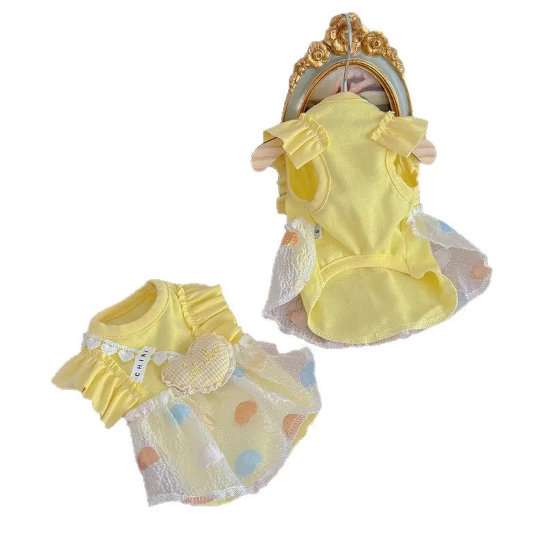 Vestido de lunares para mascotas, vestido amarillo con mangas con mosca en forma de corazón, chaleco para las cuatro estaciones para gatos y perros, ropa para cachorros, vestidos para perros pequeños - imagen 5