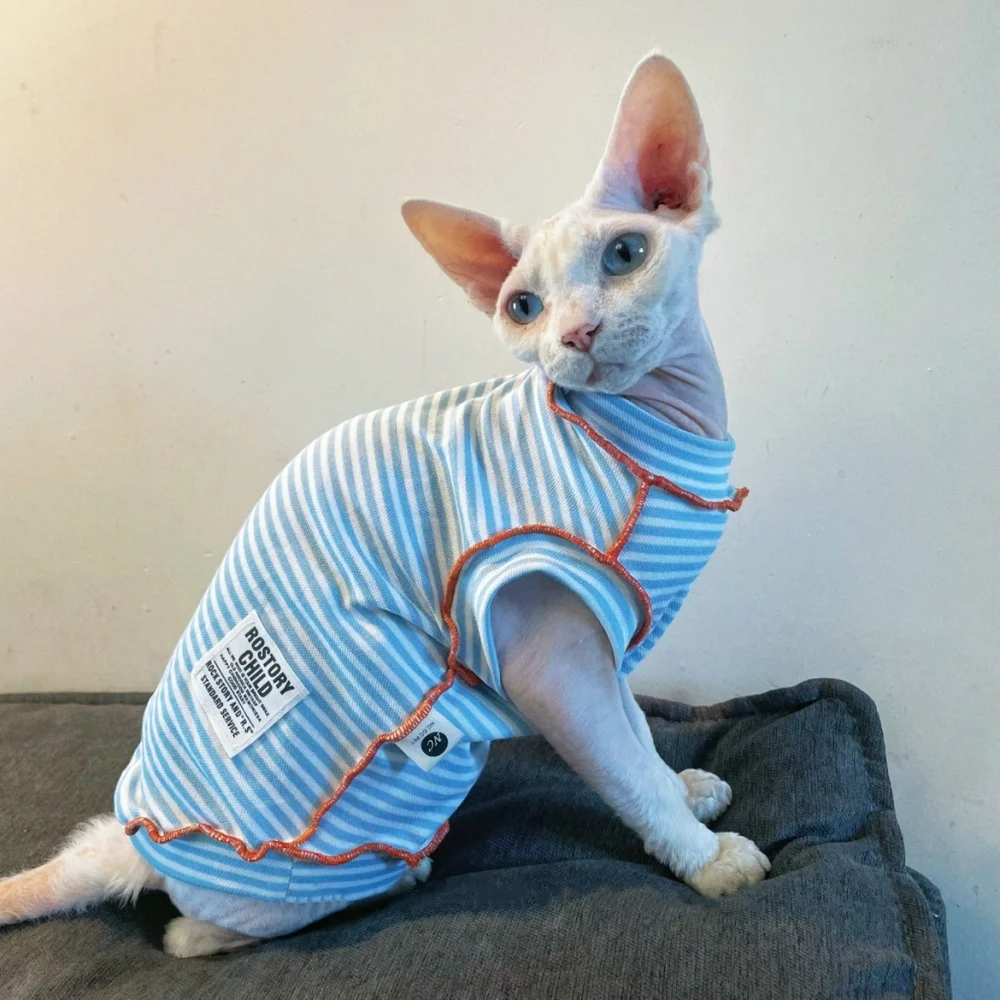 Camiseta de manga corta a rayas azules para gatos machos en primavera Mono de algodón dulce de verano para Devon Rex Chaleco de verano para gato Sphynx - imagen 2