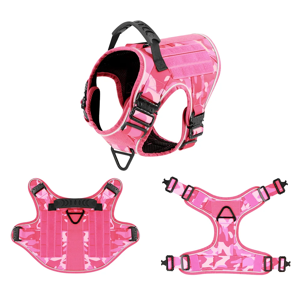 Arnés militar reflectante rosa para perros, chaleco táctico con 4 hebillas de Metal para perros grandes, correa ajustable para el pecho para entrenamiento y paseos - imagen 3