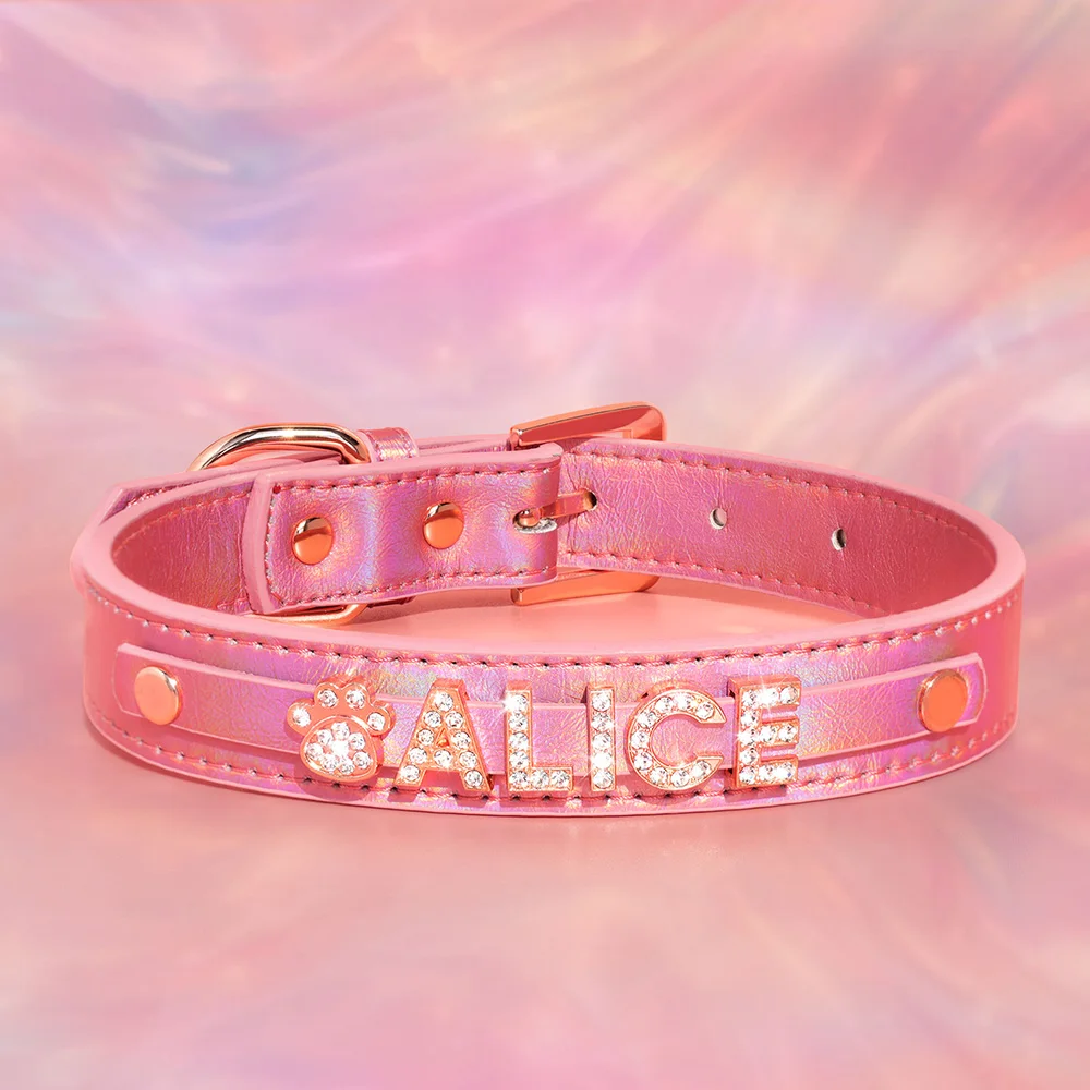 Collar de Perro Personalizado en Cuero PU Brillante con Letra en Oro Rosa - imagen 4