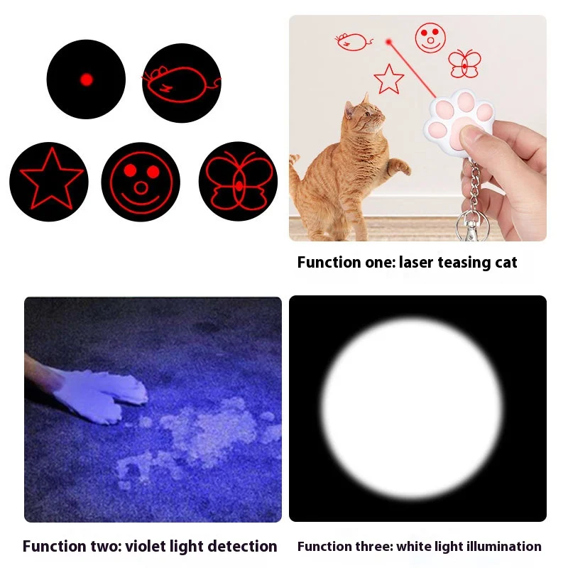 Llavero de juguete para gato con láser de carga, lindo llavero multifuncional para mascotas, iluminación de luz blanca púrpura con múltiples patrones - imagen 2