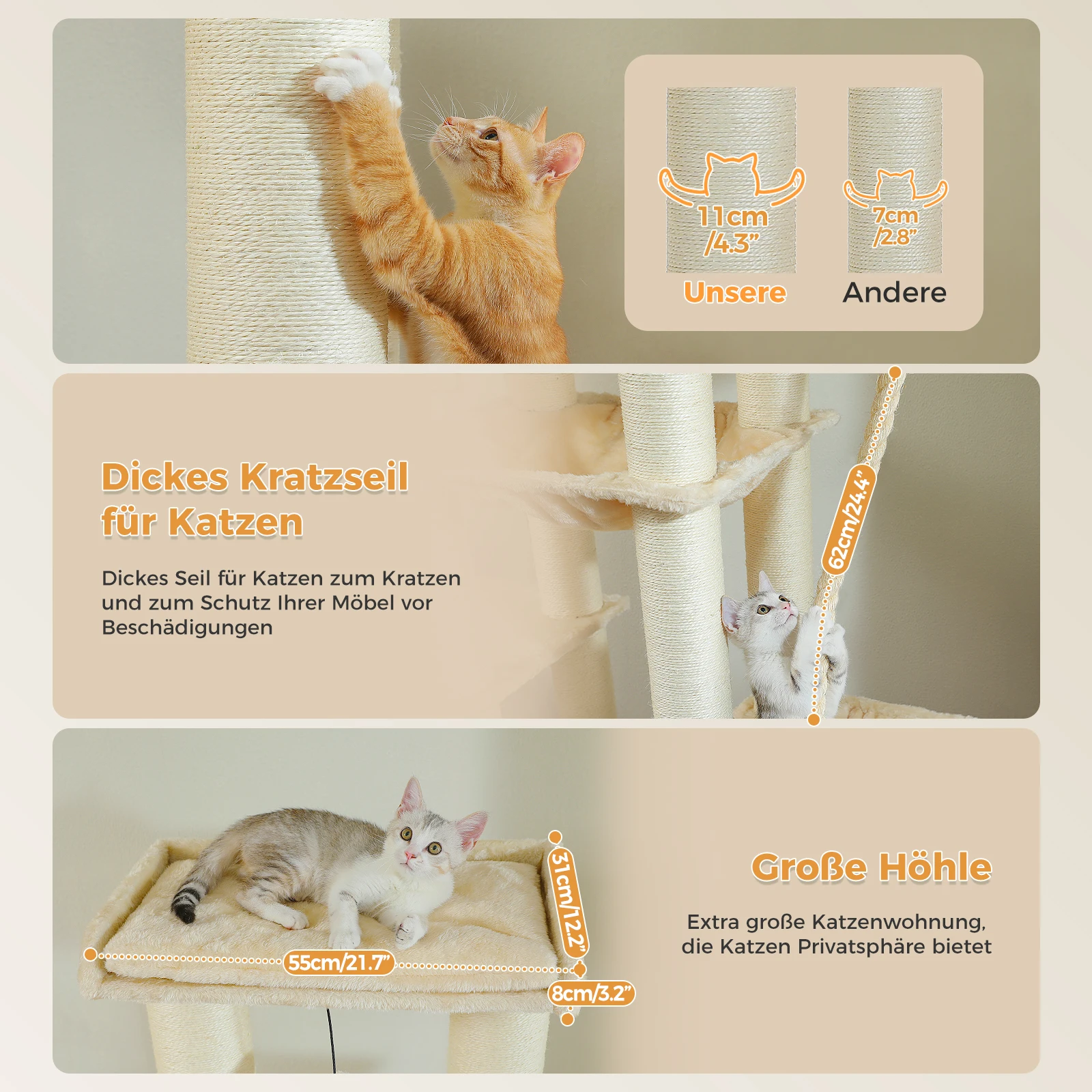 Árbol grande para gatos grandes, torre robusta para gatos con varios niveles, casa para gatos, árbol trepador con hamaca, 11 postes de Sisal, percha grande - imagen 4