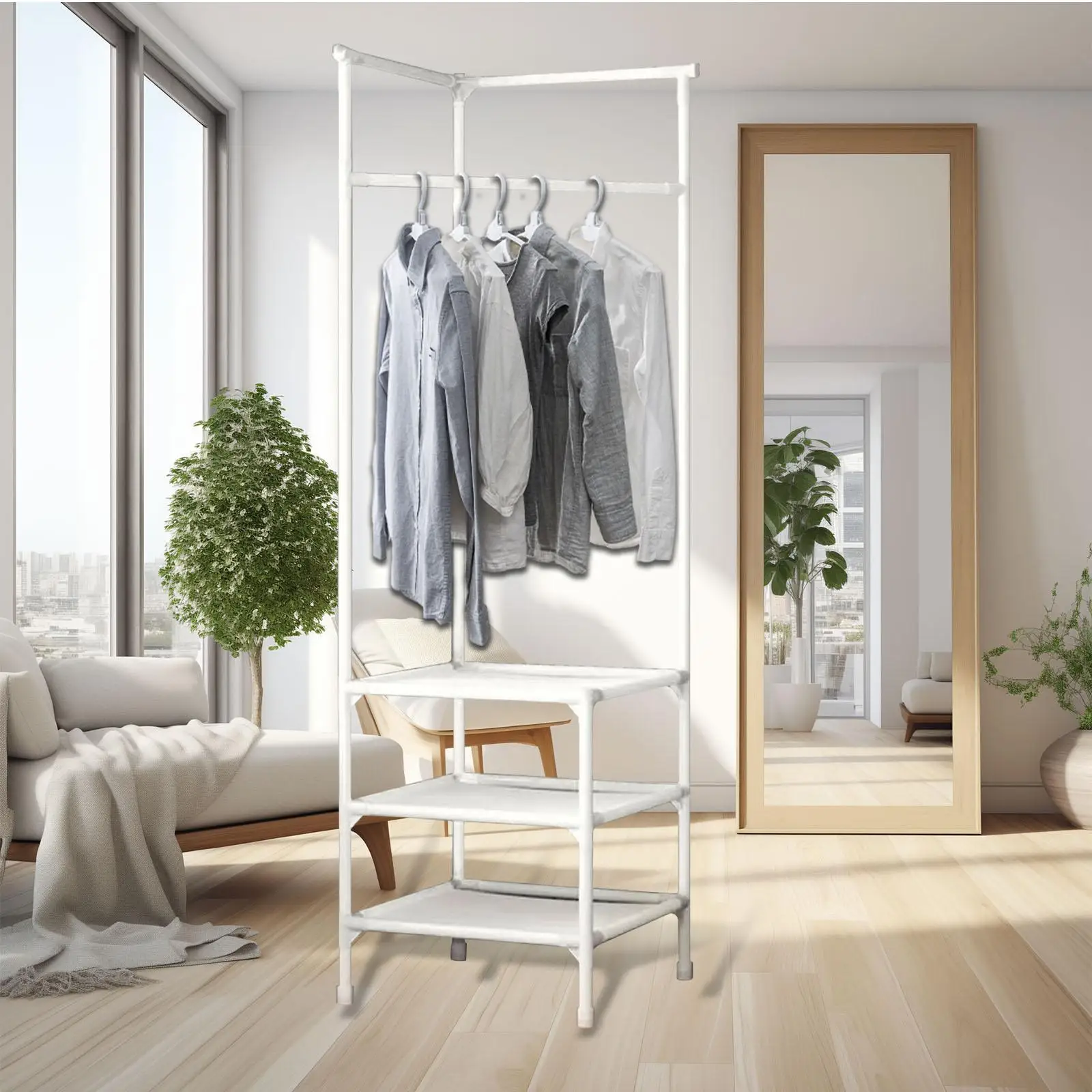 Coat Rack Space Saving Sweaters Jackets Dorm Freestanding Hanger Floor Bedroom Shelf Dressing Room Skirts Shirts Storage Shelf