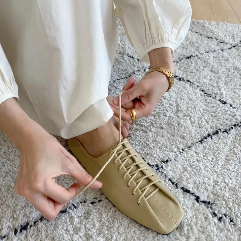 Zapatos Retro de suela blanda para mujer, mocasines planos de color sólido con cordones y punta cuadrada, ligeros y cómodos - imagen 4