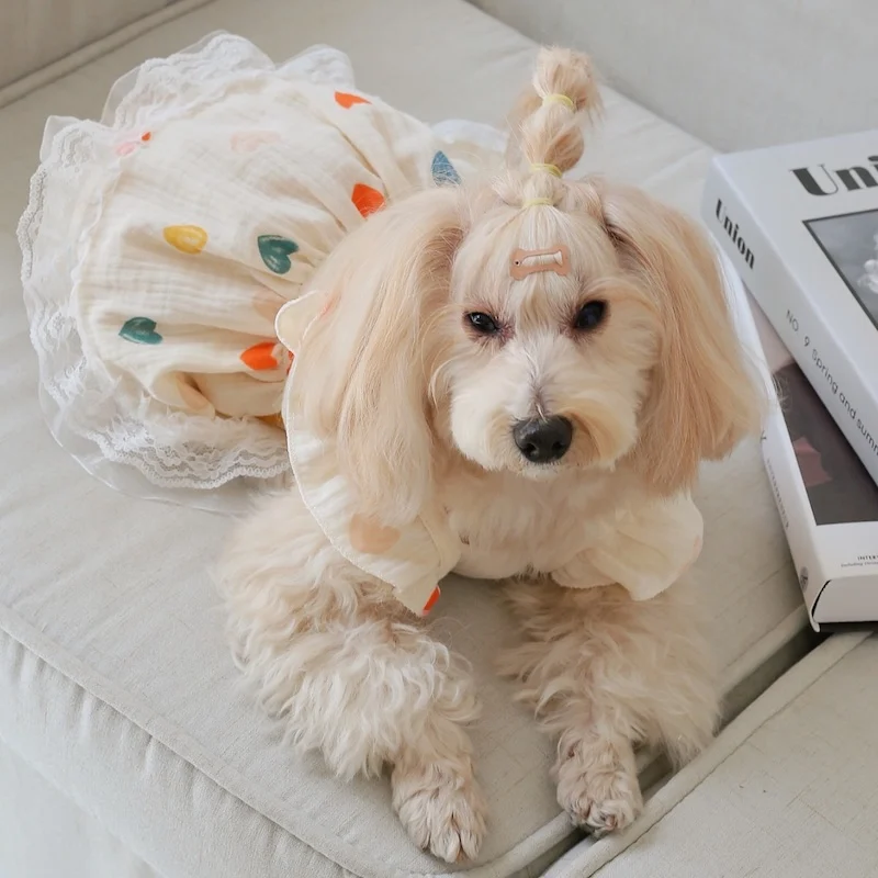 Vestidos de princesa de verano para perros y mascotas, monos transpirables con estampado de corazón coloreado para Bulldog Francés, monos de algodón para cachorros y gatos - imagen 3