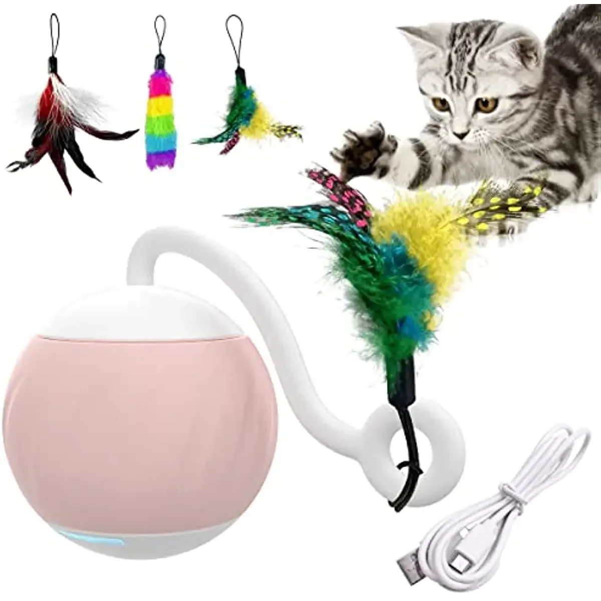 ATUBAN Juguete robótico inteligente para gatos, juguetes para gatos de interior, bola móvil automática con juguetes para gatitos de plumas en paquete. Recargable por USB