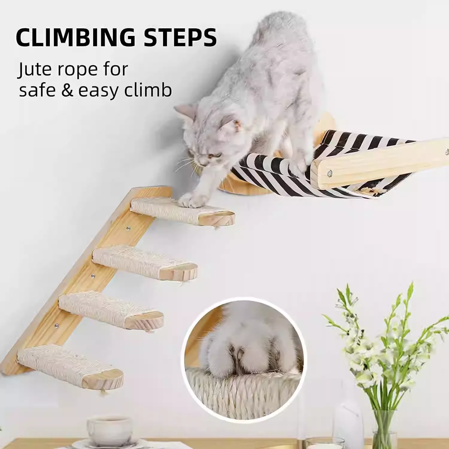 Árbol para gatos montado en la pared con escalones de cuatro niveles, plataforma de torre para gatos, muebles para saltar, hamaca para gatos