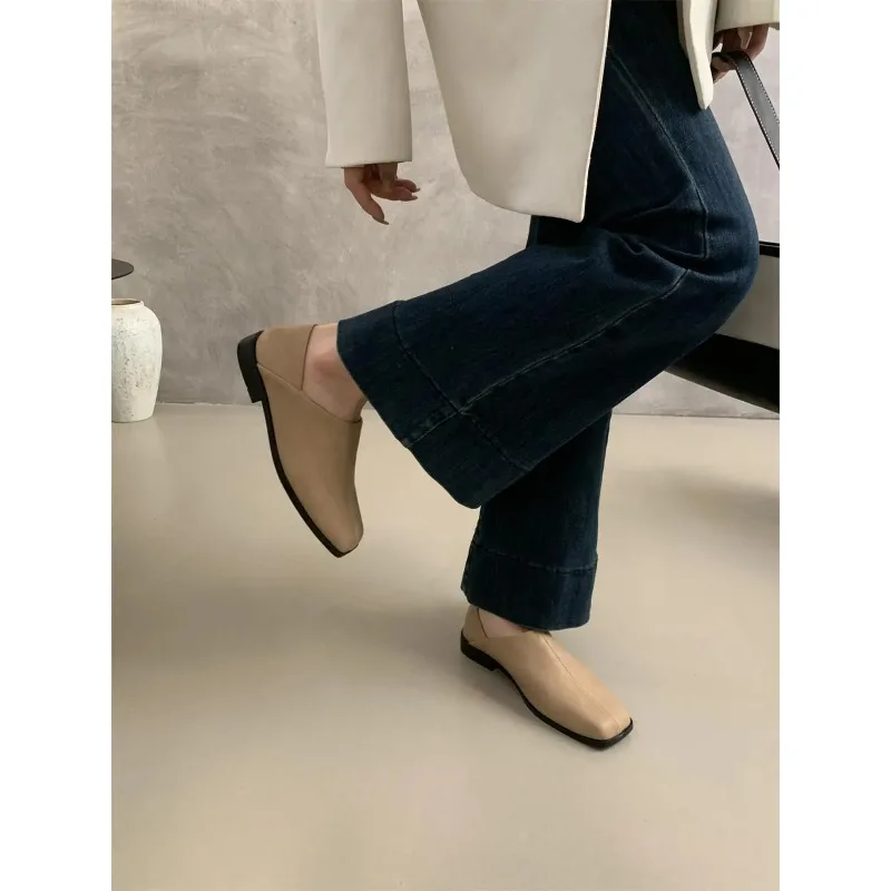 Zapatos planos de cuero con cabeza cuadrada Retro, zapatos planos informales sin cordones de cuero suave para mujer, mocasines de tacón bajo coreanos Sle para Otoño e Invierno - imagen 3
