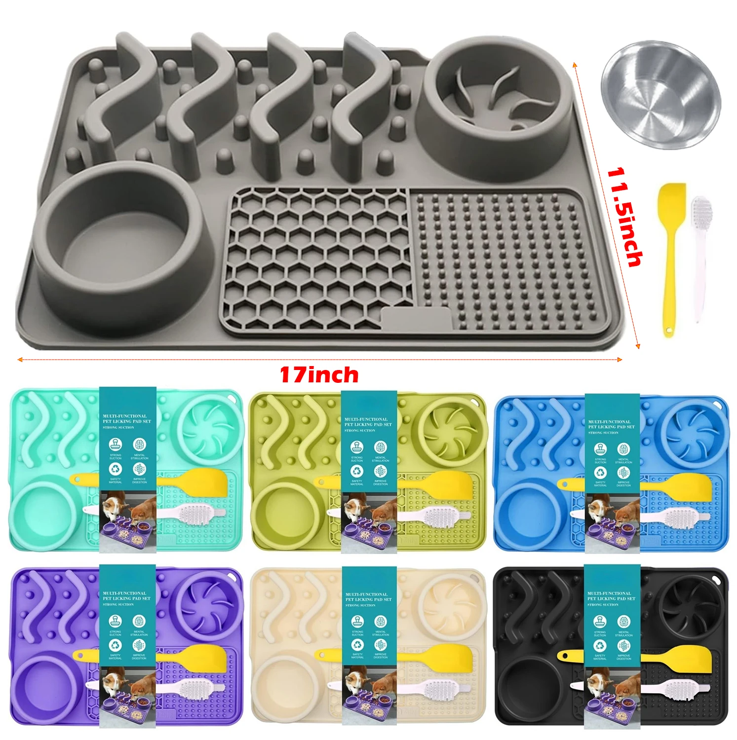 Estera de alimentación lenta para mascotas: silicona no tóxica (turquesa), herramienta mejorada para aliviar la ansiedad y el aburrimiento con cuenco de aluminio, 17x11x2 pulgadas