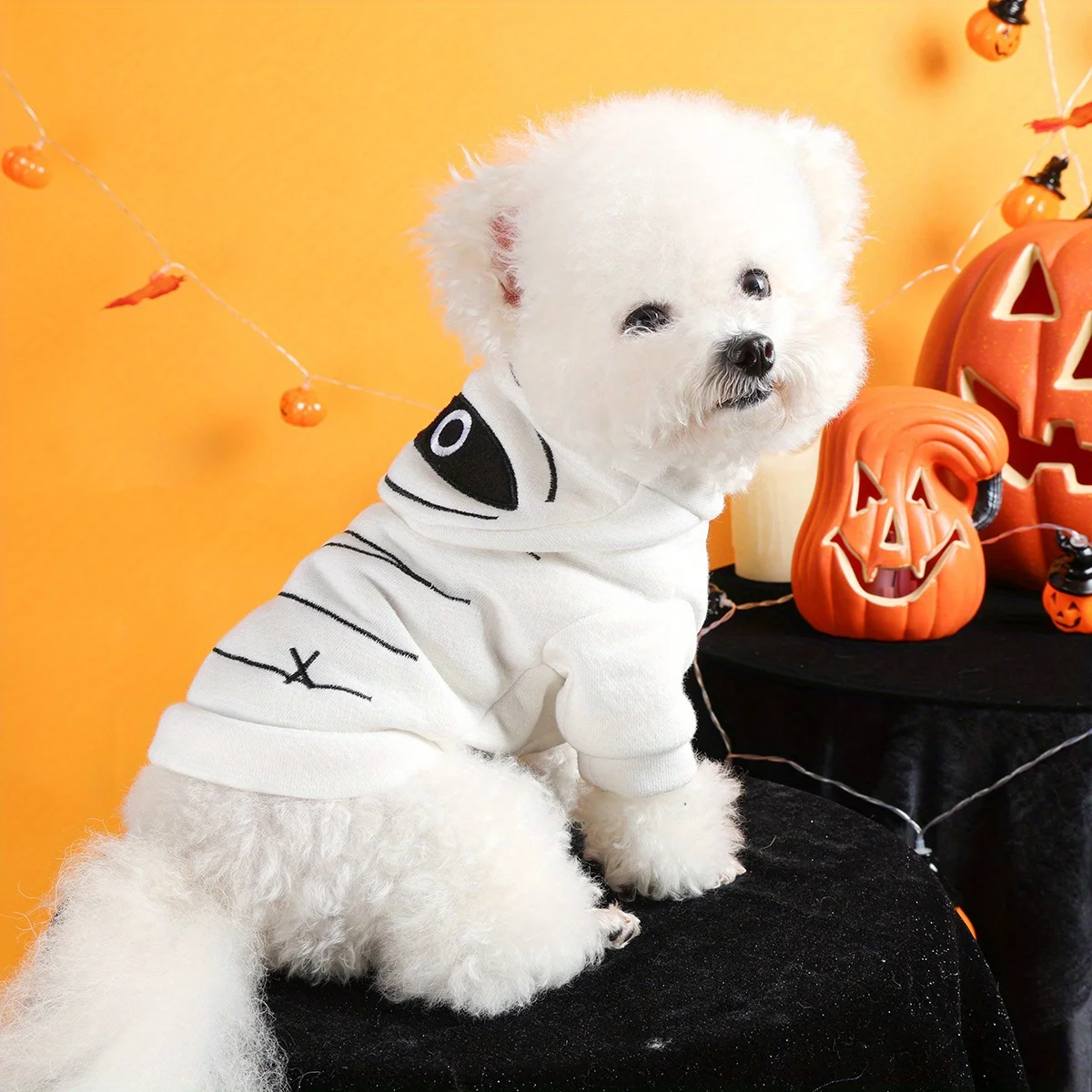 Suéter de Halloween para mascotas, chaqueta con capucha blanca cálida con botones abiertos y bordado divertido, ropa suave para mascotas para perros y gatos para perros pequeños - imagen 3