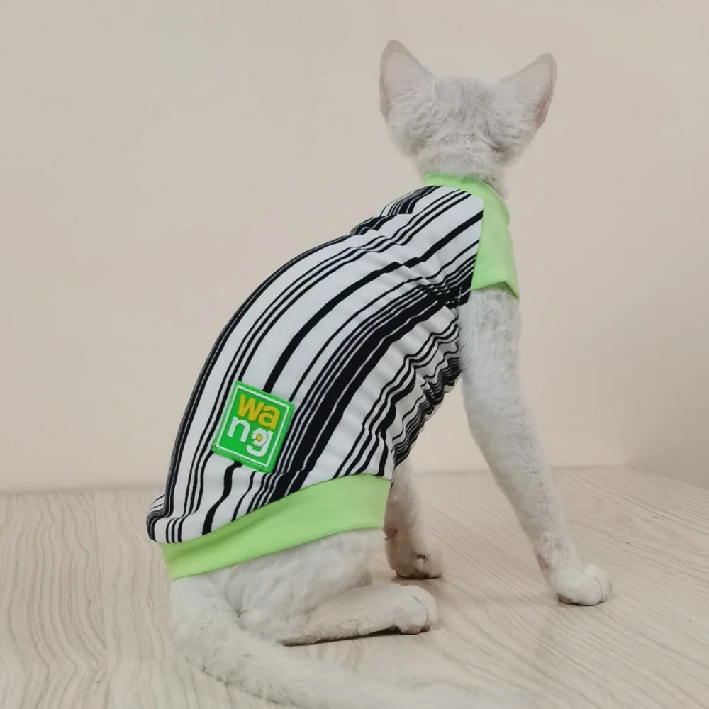 Camiseta deportiva de algodón a rayas para gato Sphynx, abrigo de primavera de manga corta para gatitos, traje para exteriores Devon Rex, moda de verano - imagen 2