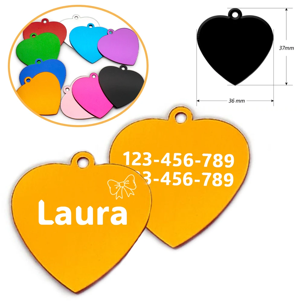 100 Uds. Llavero de Metal con etiqueta para mascotas en forma de corazón, colgante de perro a la moda, etiqueta personalizada grabada con láser para Collar de gato