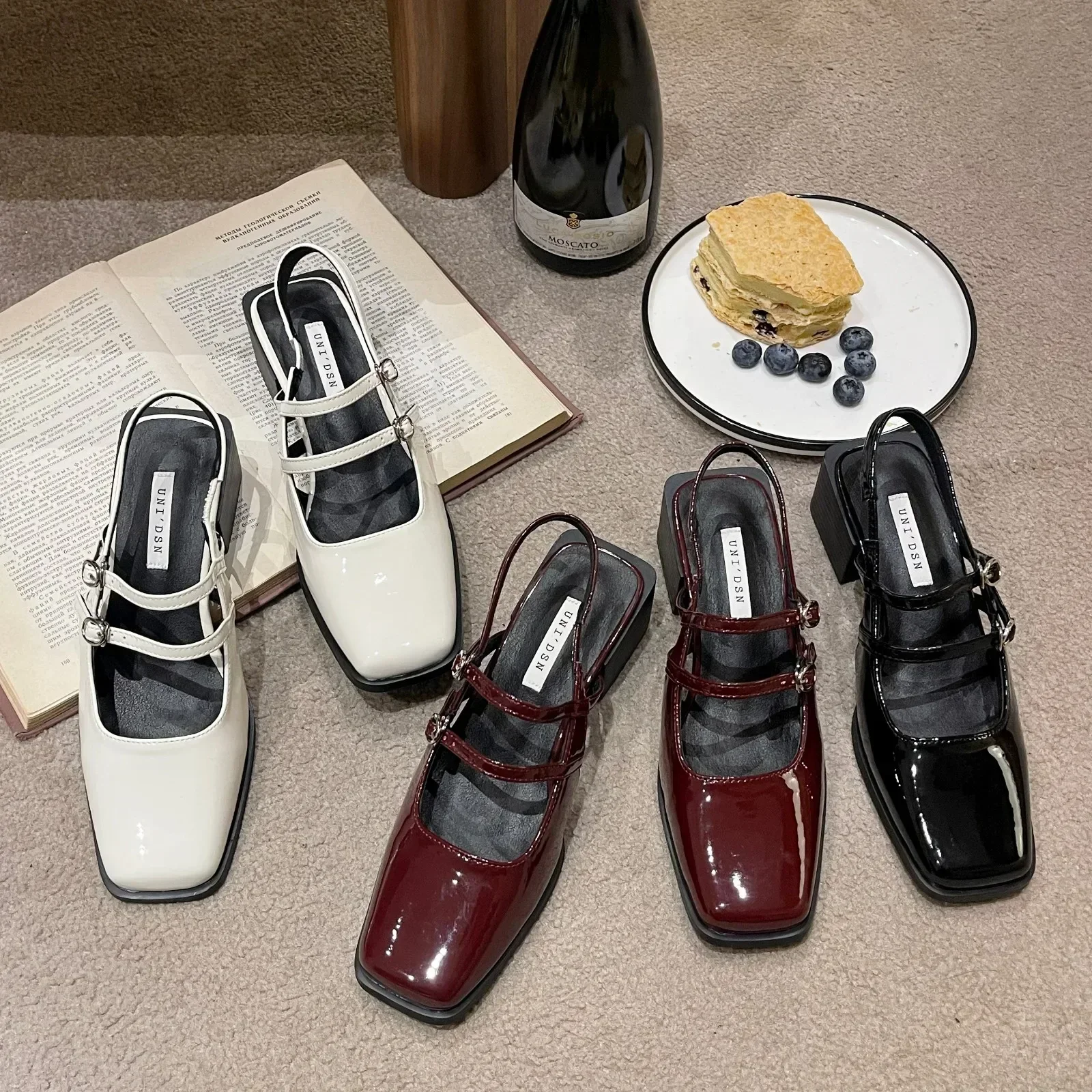 Zapatos de tacón alto con acabado de patente sintética de primavera con correas, zapatos de tacón a la moda con talón descubierto para mujer, punta cuadrada - imagen 4