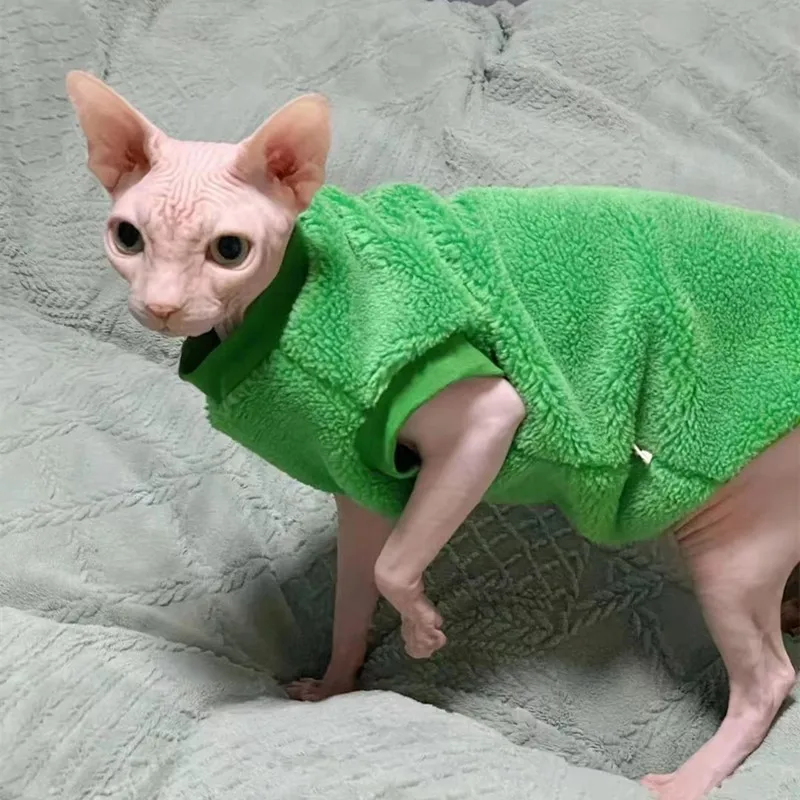 Sphynix Cat Sweater Ropa de gato sin pelo Esprosamiento Abrigo de fibra de lana de cordero cálido suave de doble lado para ropa de invierno Devon Rex - imagen 2